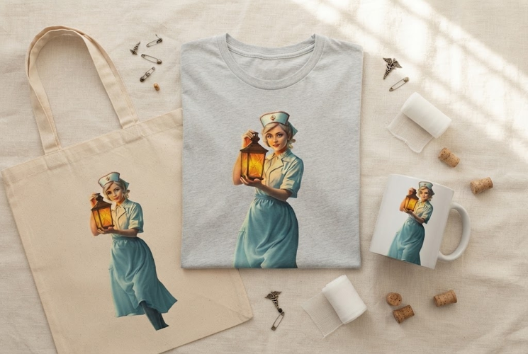 Vintage Halloween Nurse PNG Holding Glowing Lantern