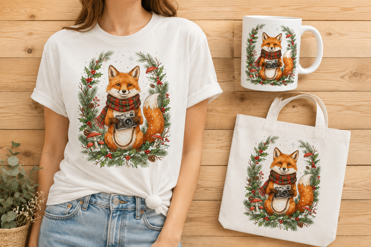 Fox with Camera Christmas Winter Watercolor Art PNG
