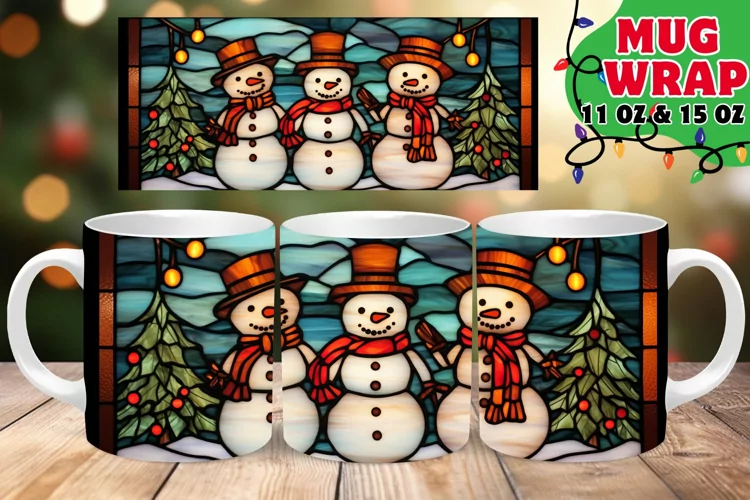 Snowman Stained Glass Winter Christmas Mug Wrap 11oz 15oz