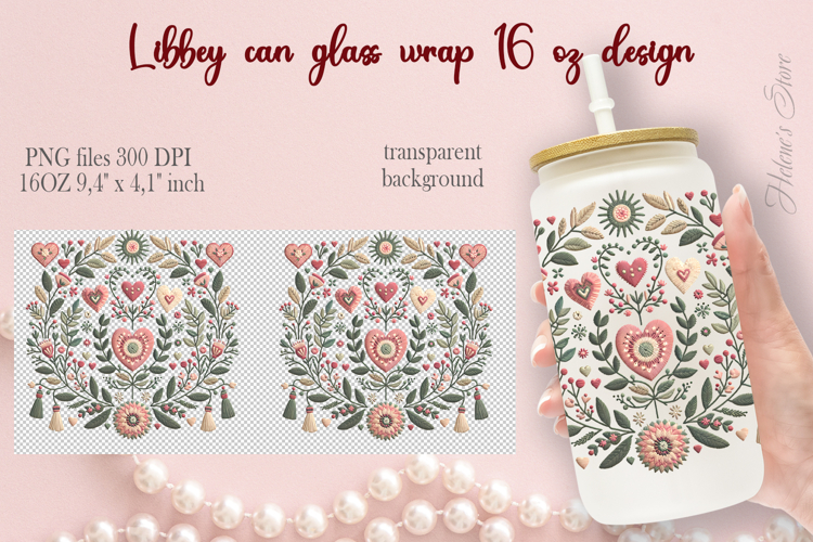 Boho Valentine pattern Libbey Can Glass Wrap 16oz design png