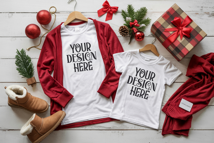Christmas Family Matching Shirt Mockup | Cozy Boho Flat Lay