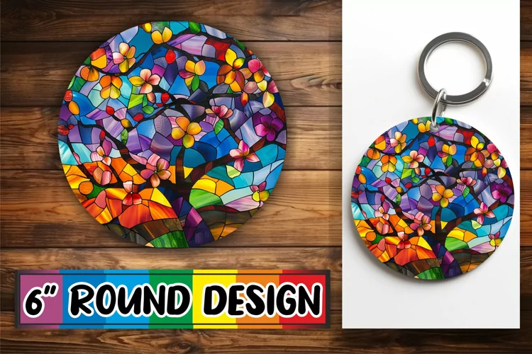 Stained Glass Tree Keychain Round Design Sublimation