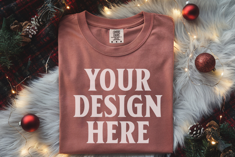Brick Comfort Colors 1717 Christmas Folded T-Shirt Mockup
