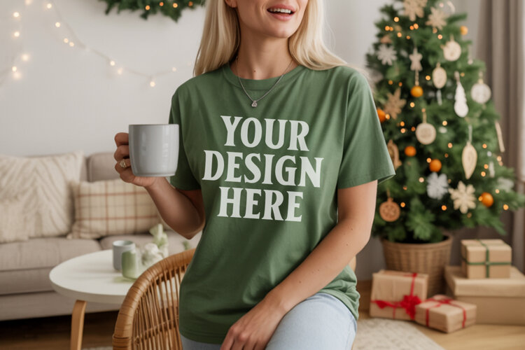 Comfort Colors 1717 Moss Christmas T-Shirt Mockup, Boho example image 1