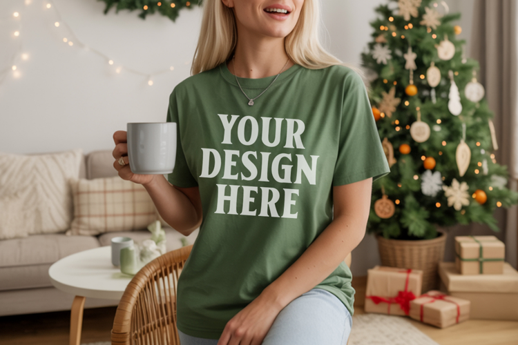 Comfort Colors 1717 Moss Christmas T-Shirt Mockup, Boho
