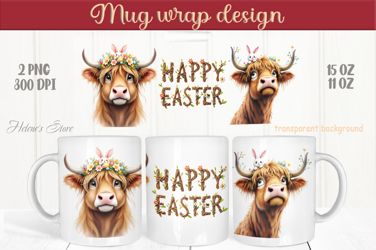 Easter highland cow with bunny mug wrap sublimation design