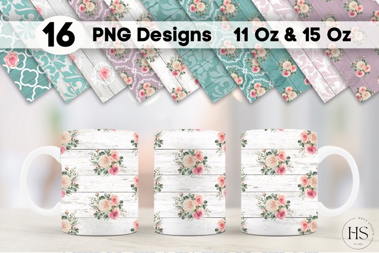 Shabby Chic Floral Wood Mug Sublimation PNG Bundle, Mug Wrap