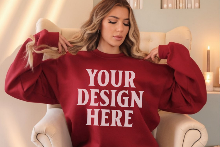 Gildan 18000 Cardinal Red Mockup , Crewneck Sweatshirt Boho