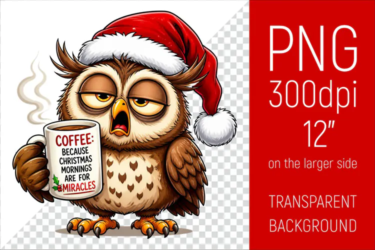Funny Morning Coffee Owl in Santa Hat | Christmas Clipart