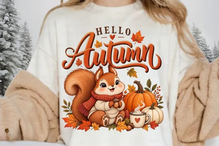 Hello Autumn Squirrel PNG, Cute Fall Pumpkin Coffee