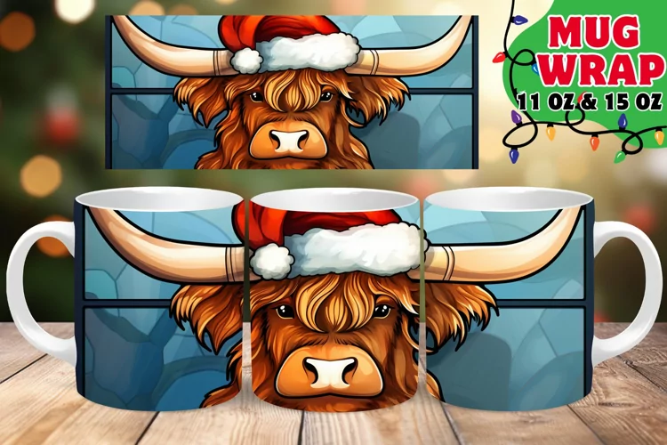 Christmas Cow Winter Stained Glass Mug Wrap 11oz 15oz