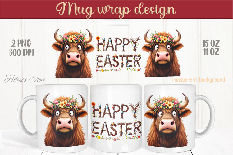 Easter highland cow with bunny mug wrap sublimation design