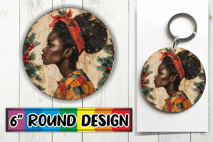Winter Holiday Keychain Round Design with Woman Portrait