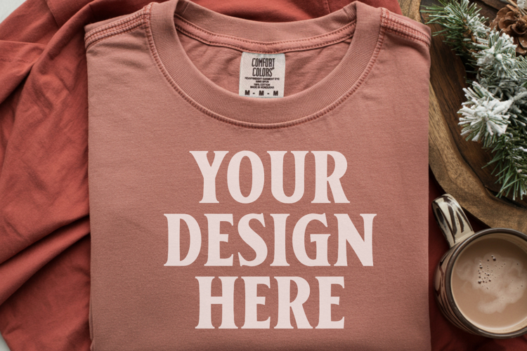 Brick Comfort Colors 1717 Christmas Folded T-Shirt Mockup