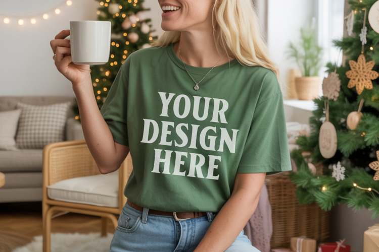 Comfort Colors 1717 Moss Christmas T-Shirt Mockup, Boho