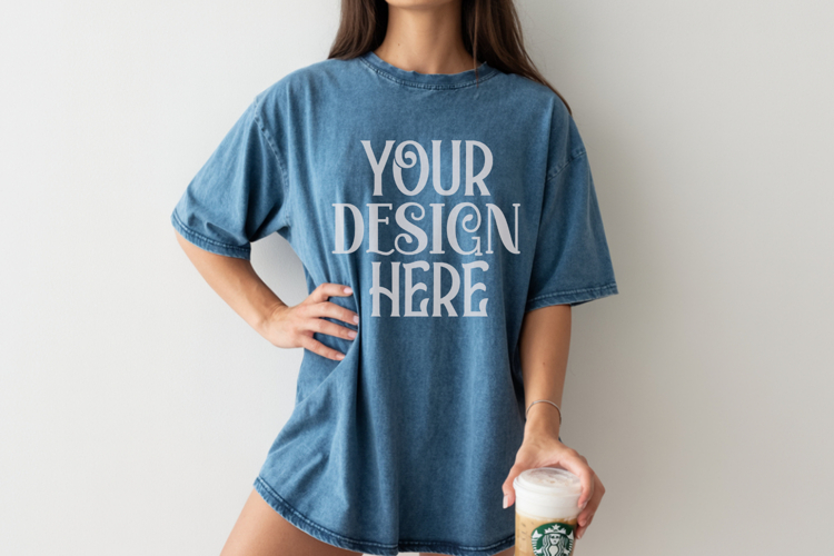 Denim Comfort Colors 1717 T-shirt Mockups, Real Model