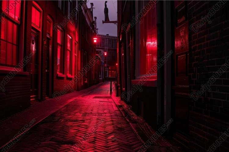 Narrow street illuminated by red lights at night