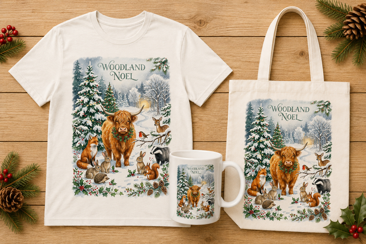 Woodland Noel Highland Cow Christmas Animals Watercolor