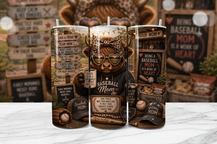 Baseball Mom Highland Cow Tumbler PNG
