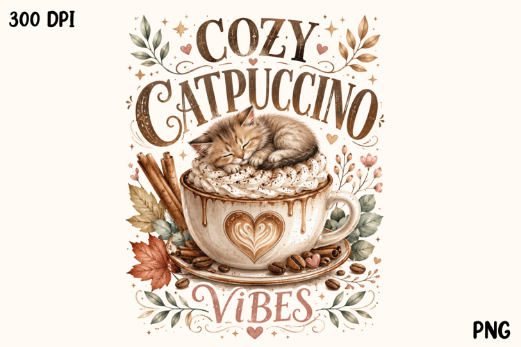Cozy Cappuccino Vibes Cute Sleeping Kitten PNG