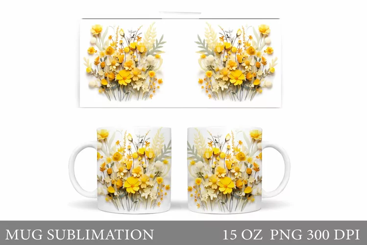 3D Wildflowers Mug Wrap Design. Flowers Mug Sublimation