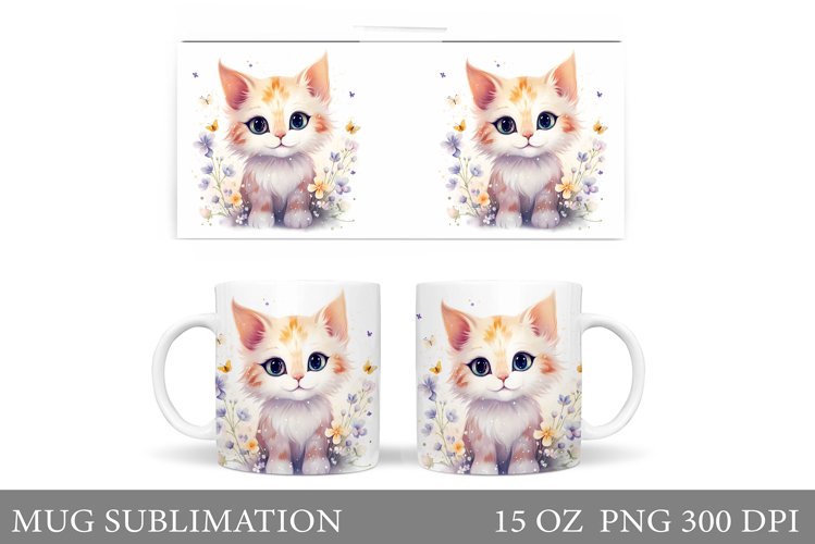 Spring Cat Mug Wrap. Cute Cat Mug Sublimation