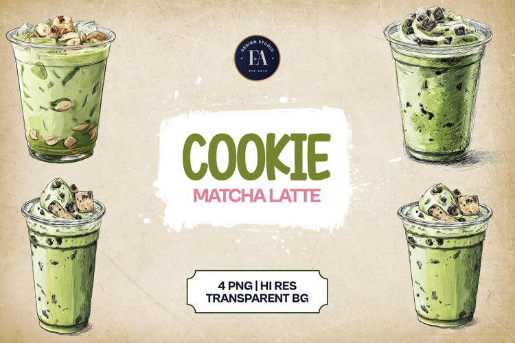 Cookie Dough Matcha Latte Clipart Bundle 4 PNG