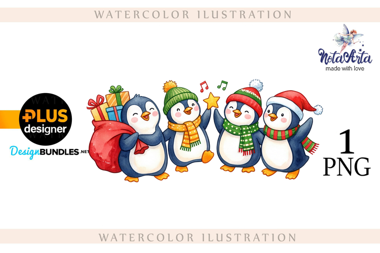 Christmas Penguins in Watercolor Style