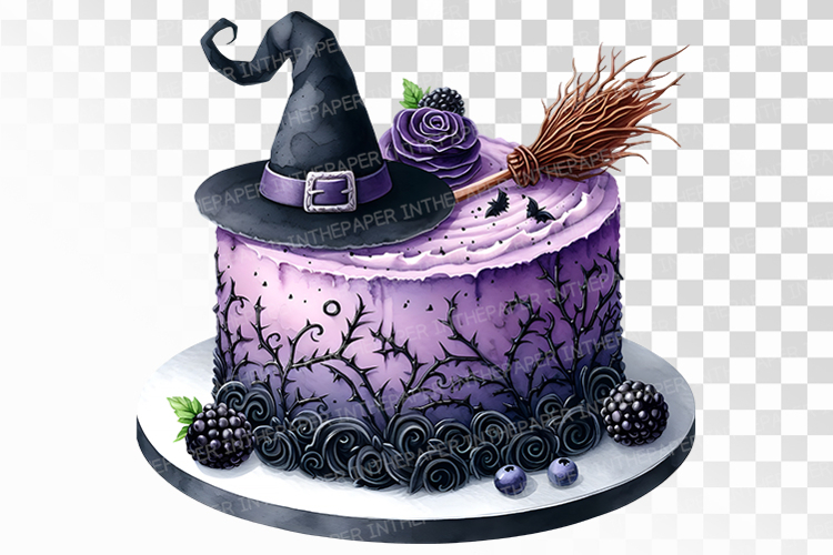 Gothic Witch Hat Broom Halloween Cake PNG