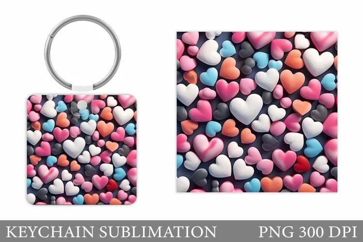 Hearts Keychain Sublimation. Colorful Hearts Square Keychain