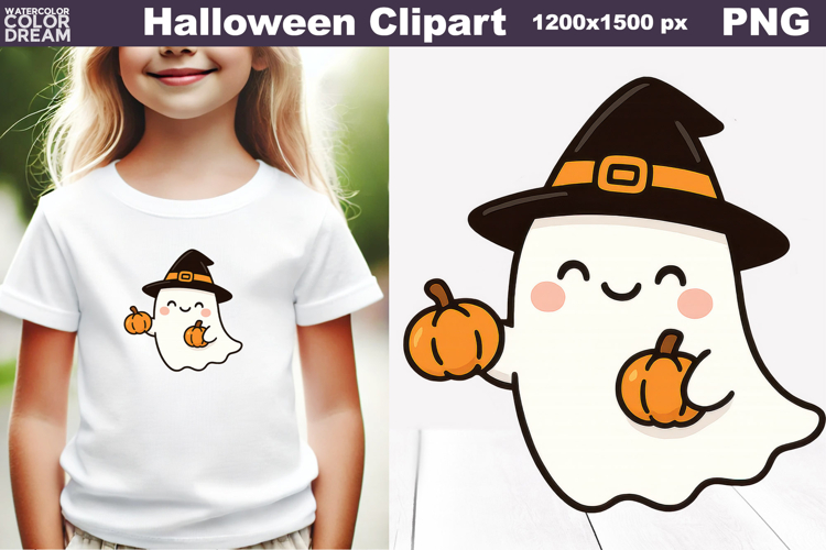 Cute Ghost with Pumpkins Clipart | Halloween PNG for Kids