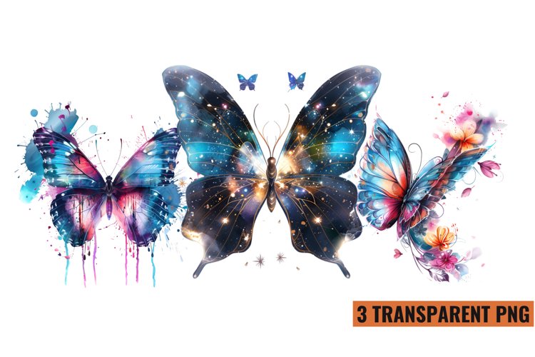 Watercolor Magic Butterflies Clipart, PNG example image 1