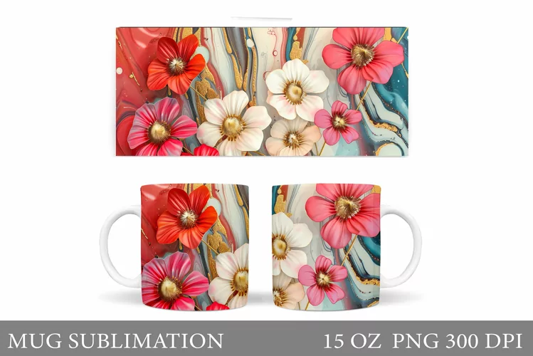 3D Flowers Mug Sublimation. Flowers Mug Wrap Design