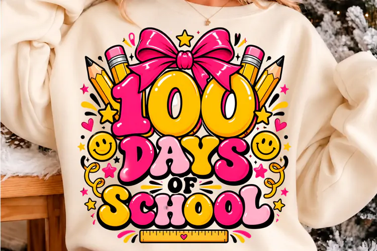 100 Days of School Pink Bow Smiley PNG