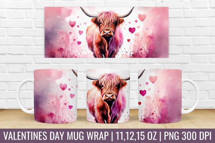 Valentines Day Highland Cow Mug Wrap|Mug Watercolor Design