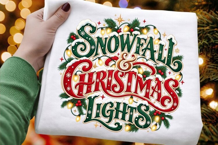 Snowfall & Christmas Lights PNG - Vintage Winter Typography example image 1