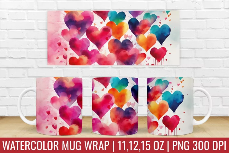 Valentines Day Hearts Mug Wrap|Mug Watercolor Design