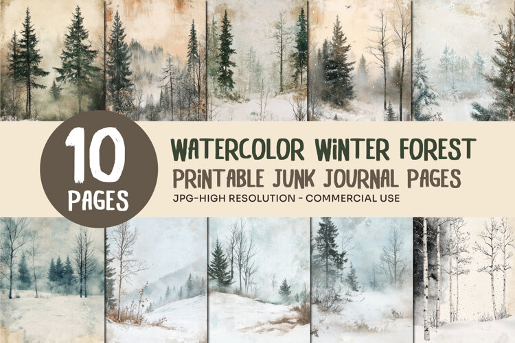 Watercolor Winter Forest Junk Journal Pages example image 1