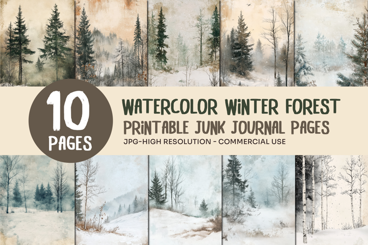 Watercolor Winter Forest Junk Journal Pages