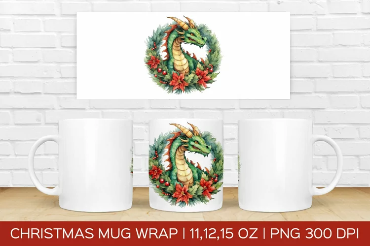 Christmas Dragon Mug Wrap | Christmas Sublimation Design