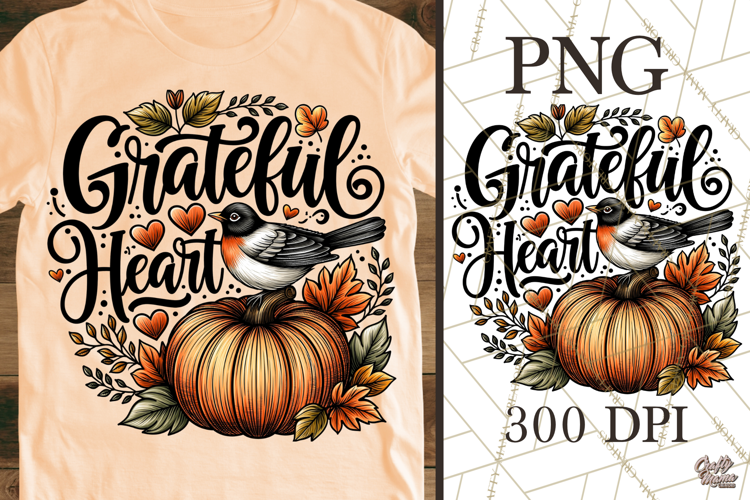 Grateful Heart Bird PNG Thanksgiving Pumpkin Design
