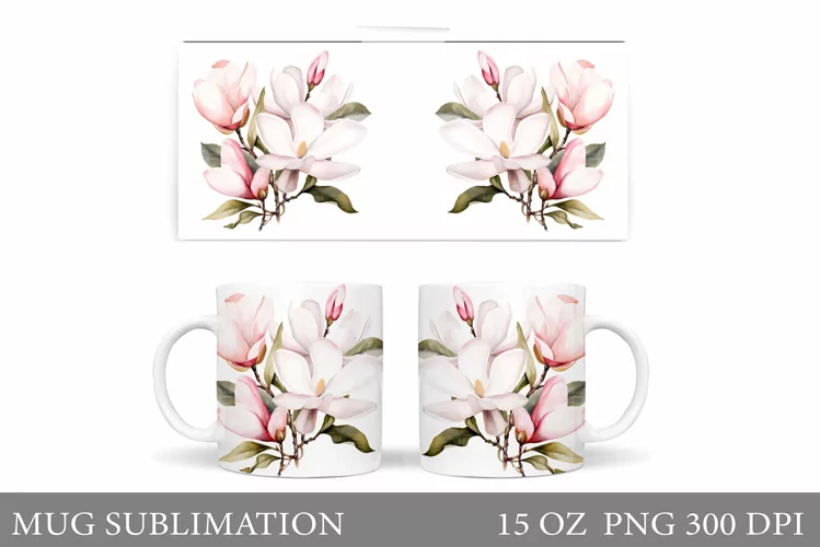 Magnolia Flowers Mug Design. Flowers Mug Sublimation