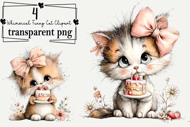 Whimsical Funny Cat Clipart Watercolor PNG
