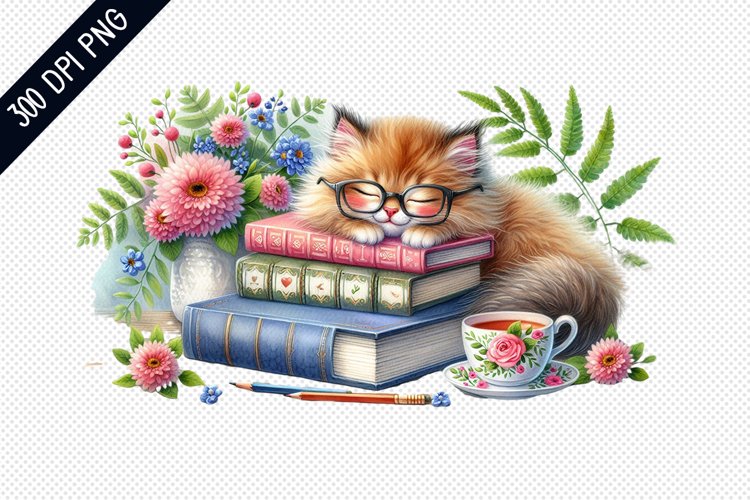 Books And Sleeping Cat Sublimation - Clipart PNG Design