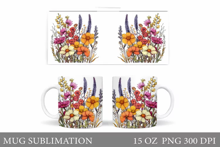 Flowers Mug Wrap Design. Wildflowers Mug Sublimation