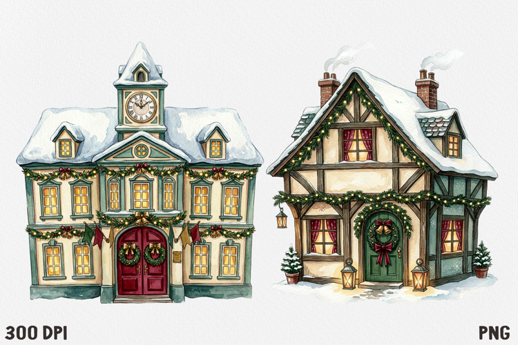 Christmas Village Watercolor Clipart PNG, Whimsical Holiday