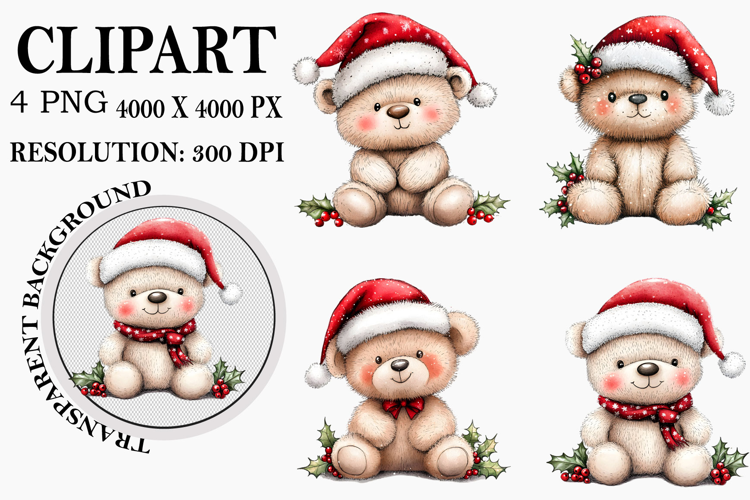 Whimsical Christmas Bears Clipart Watercolor PNG