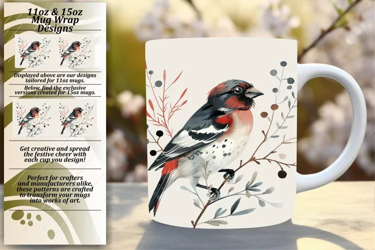 11oz/15oz Mug Wrap with Spring Birds Watercolor Art