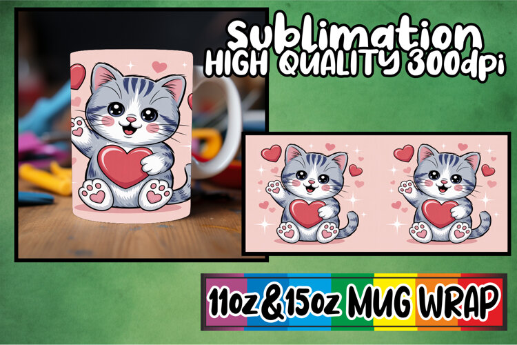 Serene evenings sublimation mug wrap, Valentines Cat example image 1