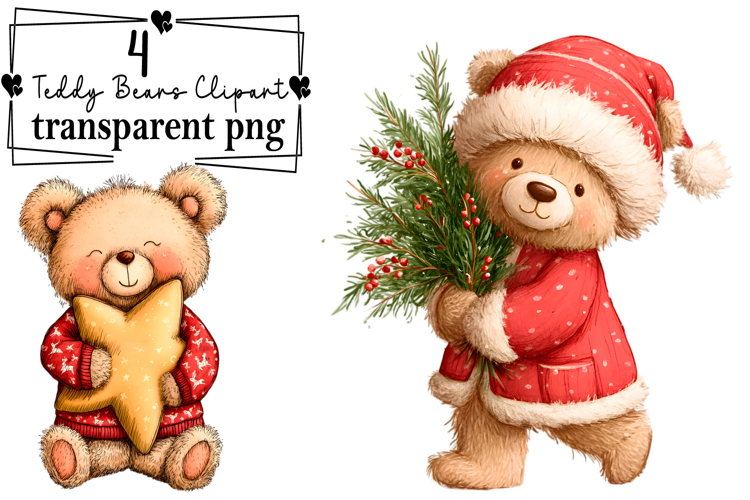 Whimsical Christmas Teddy Bears Clipart Watercolor PNG example image 1